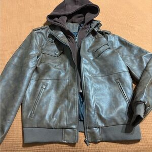 Men's Brown Faux Leather Jacket with Hoodie